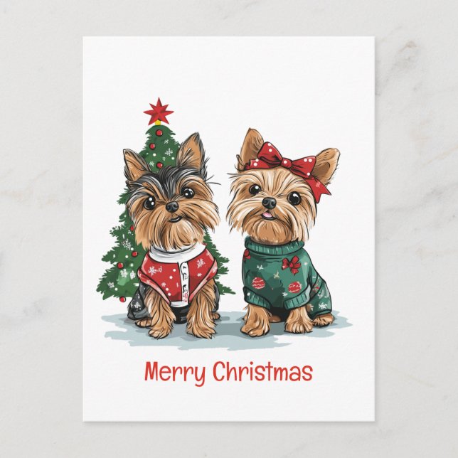 Merry Christmas Yorkie Dogs Holiday Postcard (Front)