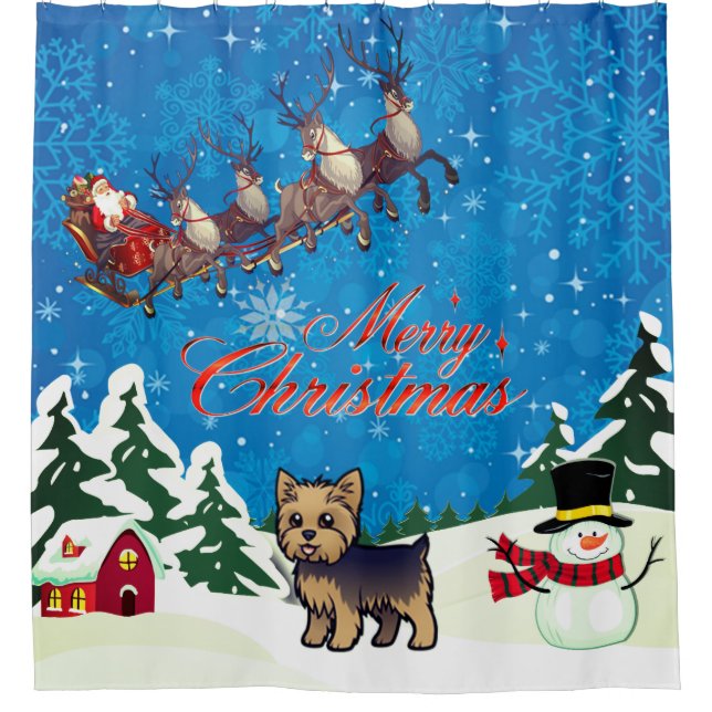 Merry Christmas Yorkie With Santa Shower Curtain (Front)