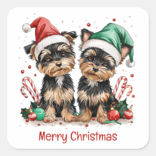 Merry Christmas Yorkshire Terrier Dogs Square Sticker