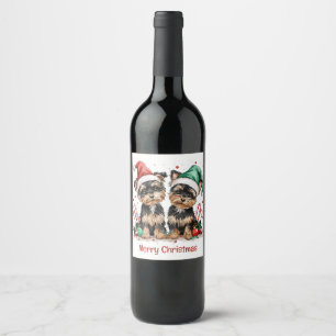 Merry Christmas Yorkshire Terrier Dogs Wine Label