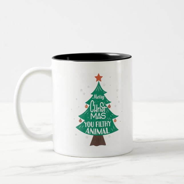 Merry Christmas You Filthy Animal Funny Xmas Two-Tone Coffee Mug (Left)