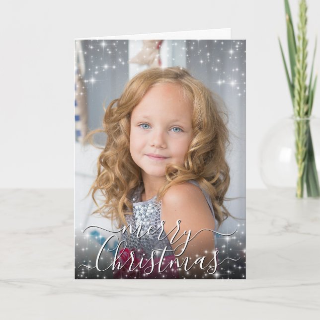 Merry Christmas Your Photo w/ Festive Sparkles Holiday Card (Front)