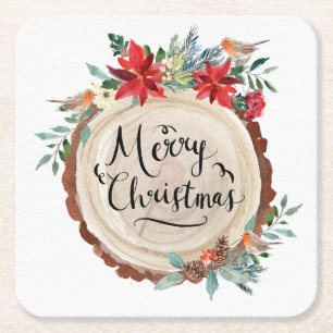 Merry Christmas/Yule Log with Flowers Square Paper Coaster