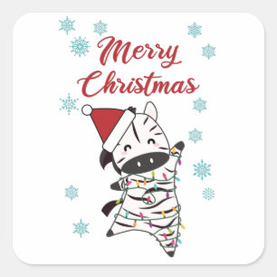 Merry Christmas Zebra Safari Zoo Snow Square Sticker