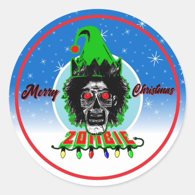 Merry Christmas Zombie Blue Circle Classic Round Sticker (Front)