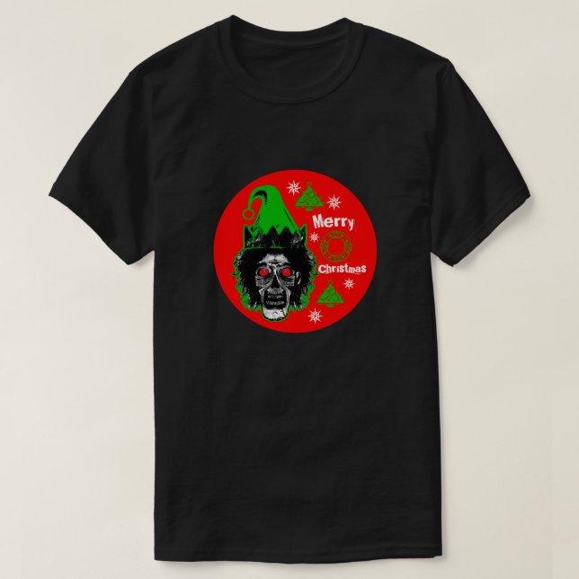 Merry Christmas Zombie Red Eyes Red Circle T-Shirt (Design Front)