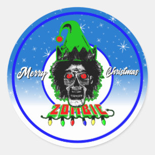 Merry Christmas Zombie White Script Classic Round Sticker