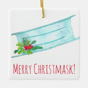 Merry Christmask Blue Face Mask Ceramic Ornament