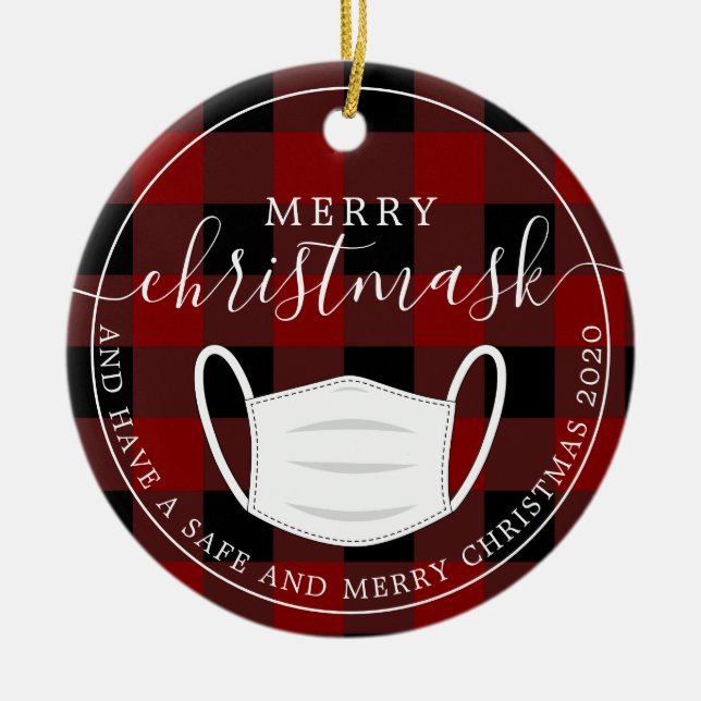 Merry Christmask red plaid quarantine mask Ceramic Tree Decoration (Front)