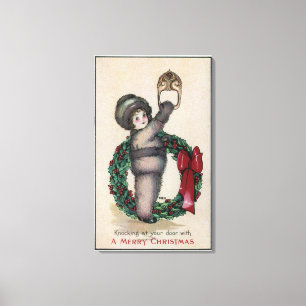 Merry ChristmasKid Knocking with a Wreath Canvas Print
