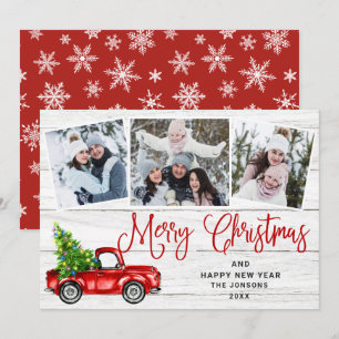 Merry ChristmasRed Farm Truck 3 Photo Holiday Card