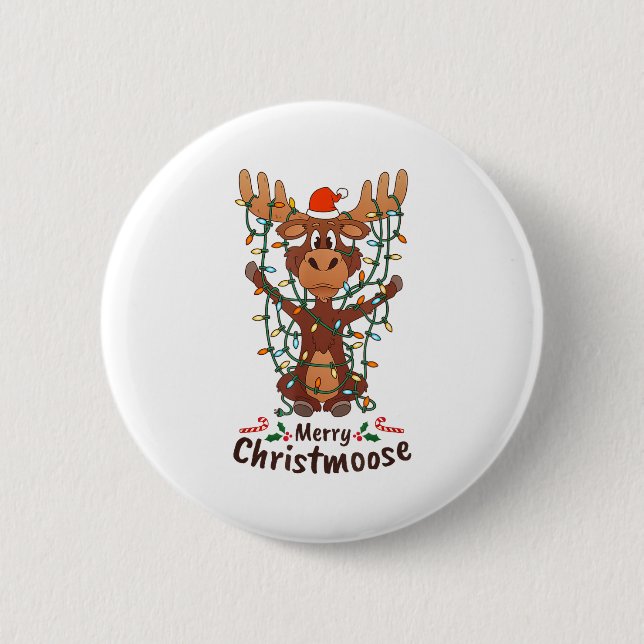 Merry Christmoose Christmas Moose Xmas Tree Lights 6 Cm Round Badge (Front)
