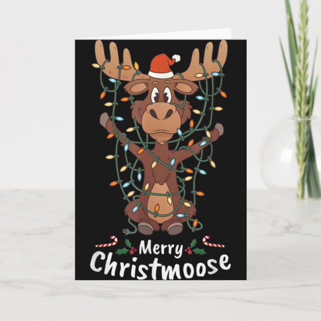 Merry Christmoose Christmas Moose Xmas Tree Lights Card (Front)