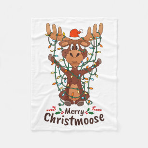 Merry Christmoose Christmas Moose Xmas Tree Lights Fleece Blanket