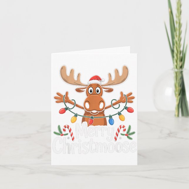 Merry Christmoose Christmas Tree Lights Santa Hat  Card (Front)