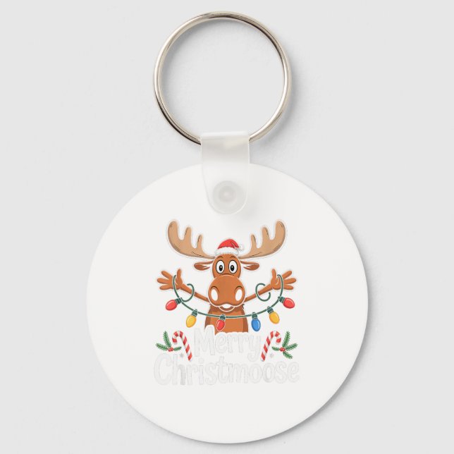 Merry Christmoose Christmas Tree Lights Santa Hat  Key Ring (Front)