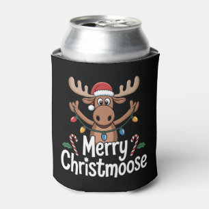 Merry Christmoose Moose Santa Hat Holiday Lights Can Cooler