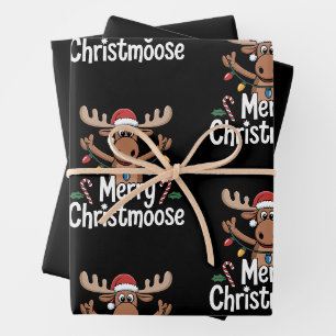 Merry Christmoose Moose Santa Hat Holiday Lights Wrapping Paper Sheet