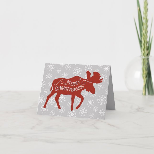 Merry Christmoose Red Christmas Moose Snowflakes Holiday Card (Front)