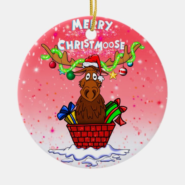 “Merry Christmoose” Santa Moose Christmas Ornament (Front)