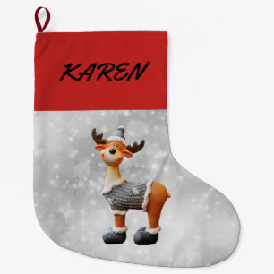 Merry Christmoose wearing a hat Large Christmas Stocking