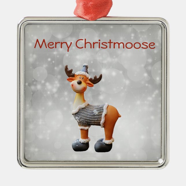 Merry Christmoose wearing a hat Metal Tree Decoration (Front)