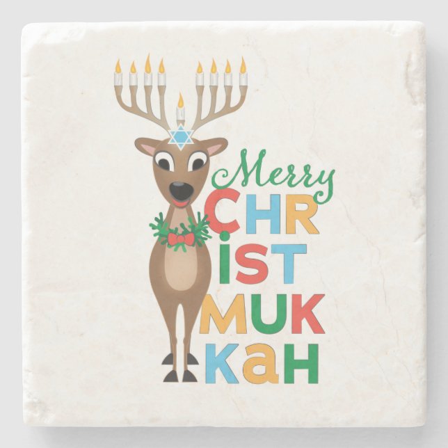 Merry Christmukkah Reindeer Stone Coaster (Front)