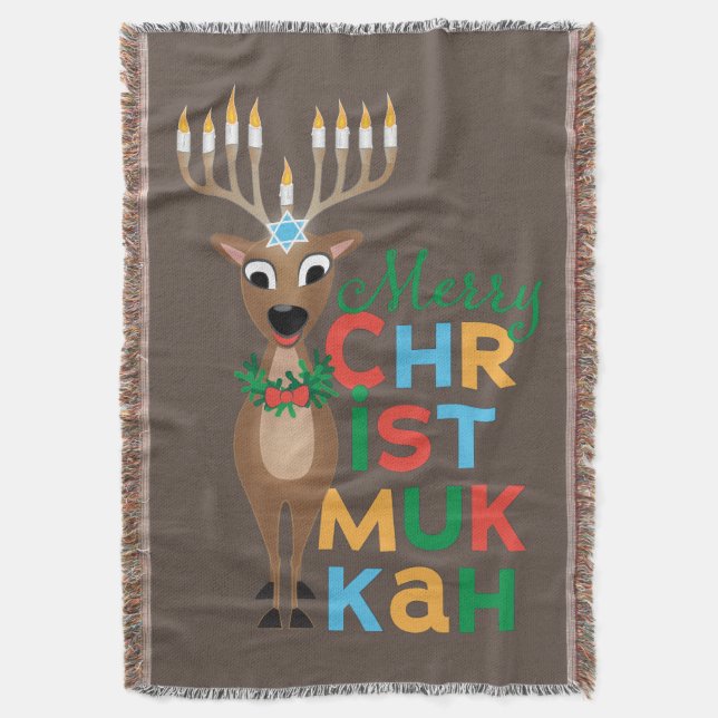 Merry Christmukkah Reindeer Throw Blanket (Front Vertical)