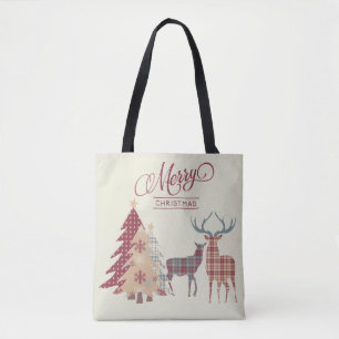 Merry Chrsitmas Plaid Trees, Deer Tote Bag