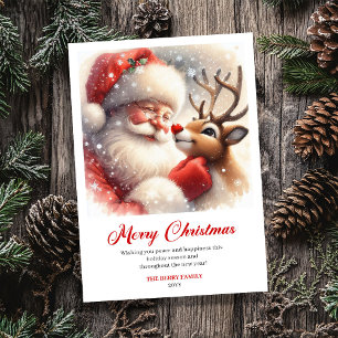 Merry Classic Santa Rudolph Illustration Greeting Holiday Card