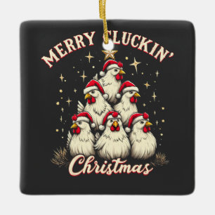 Merry Clucking Christmas Funny Chicken Roosters  Ceramic Ornament
