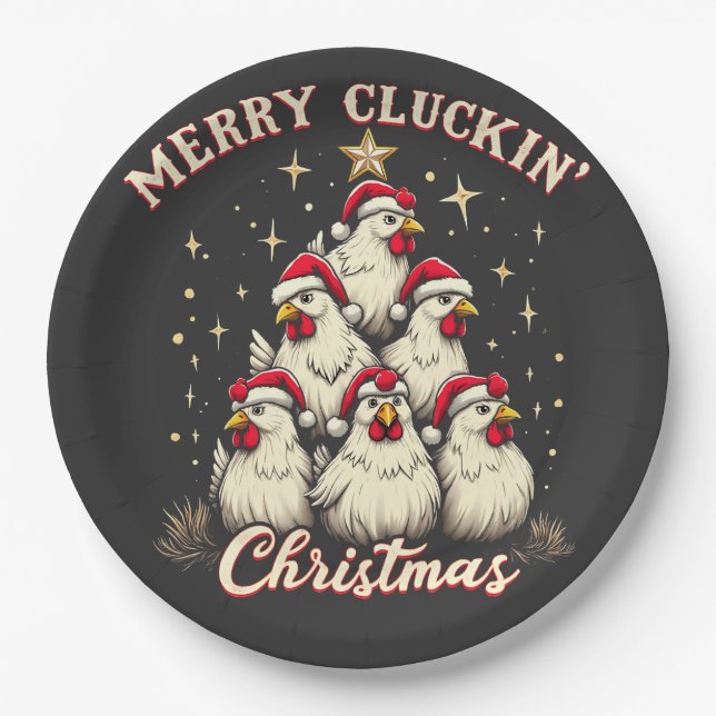 Merry Clucking Christmas Funny Chicken Roosters  Paper Plate (Front)
