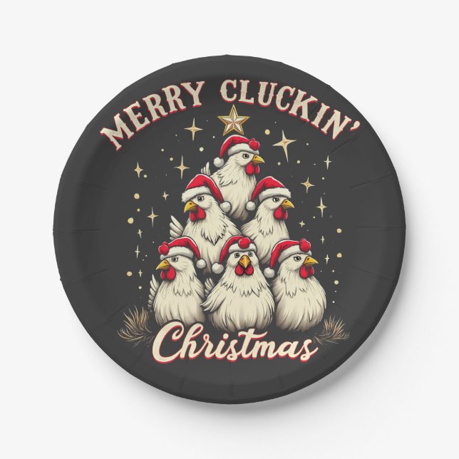 Merry Clucking Christmas Funny Chicken Roosters  Paper Plate (Front)