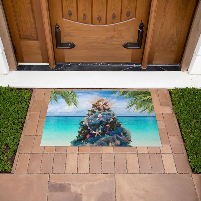 Merry Coastal Christmas Tropical Beach HolidayTree Doormat (Outdoor)