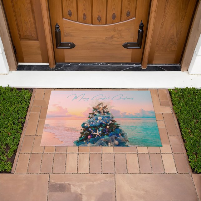 Merry Coastal Christmas Tropical Beach HolidayTree Doormat (Outdoor)
