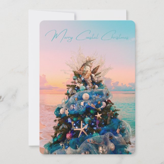 Merry Coastal Christmas Tropical Beach HolidayTree Holiday Card (Front)