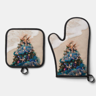 Merry Coastal Christmas Tropical Beach HolidayTree Oven Mitt & Pot Holder Set
