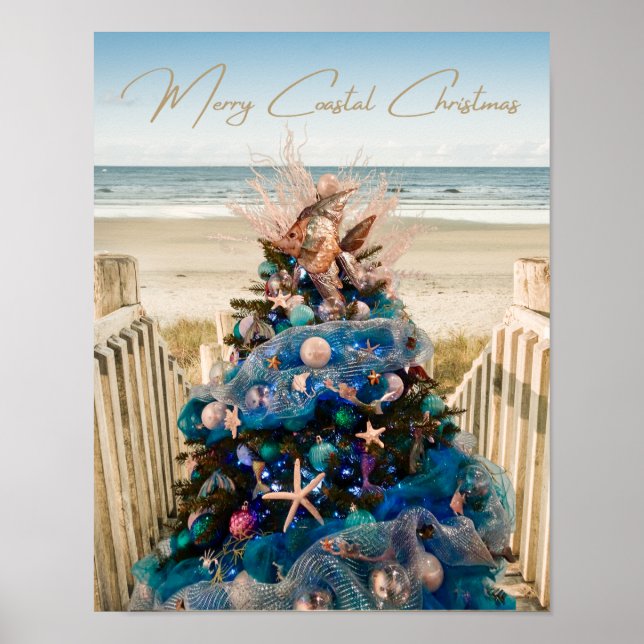 Merry Coastal Christmas Tropical Beach HolidayTree Poster (Front)