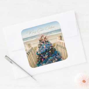 Merry Coastal Christmas Tropical Beach HolidayTree Square Sticker