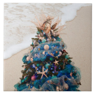 Merry Coastal Christmas Tropical Beach HolidayTree Tile