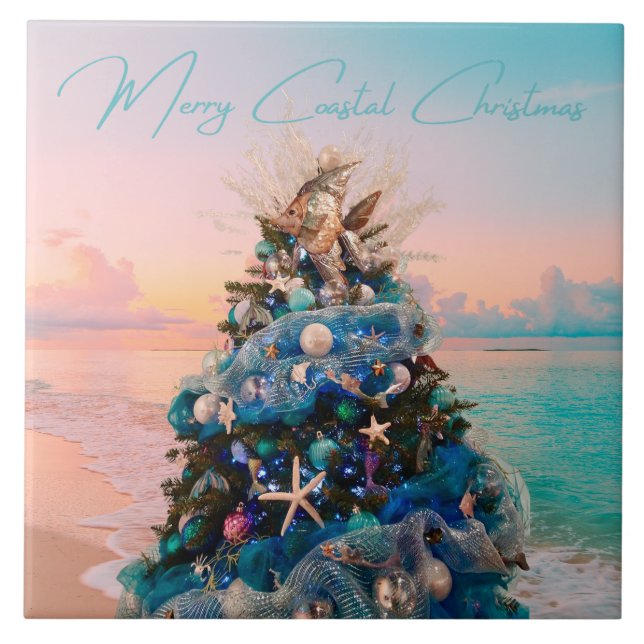 Merry Coastal Christmas Tropical Beach HolidayTree Tile (Front)