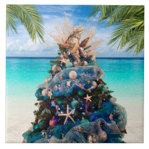 Merry Coastal Christmas Tropical Beach HolidayTree Tile