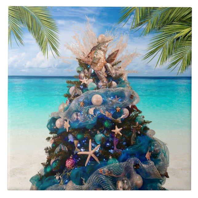 Merry Coastal Christmas Tropical Beach HolidayTree Tile (Front)