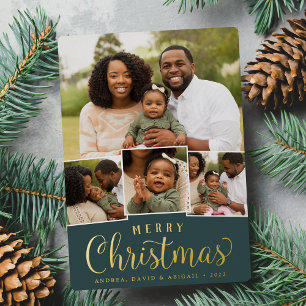 Merry Collage   Classic Christmas Photo Foil Holiday Card