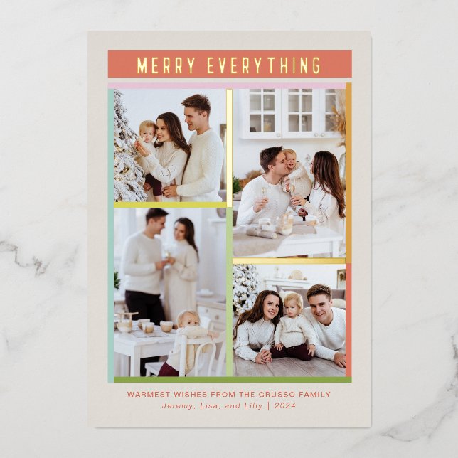 Merry colourful bright fun four photo Christmas Foil Holiday Card (Front)
