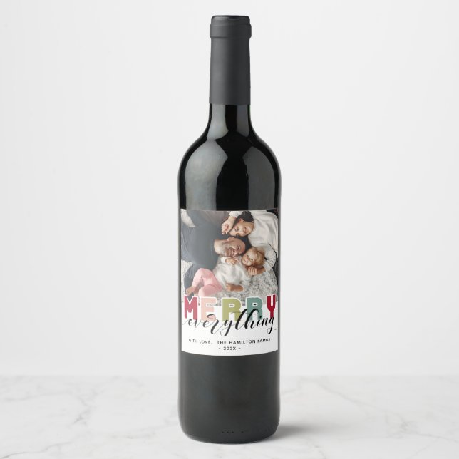 Merry colourful Holiday Photo Wine Label (Front)