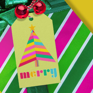 merry Colourful Striped Christmas Tree bright gree Gift Tags