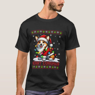 Merry Corgmas Corgi Lights Santa Hat Ugly Christma T-Shirt