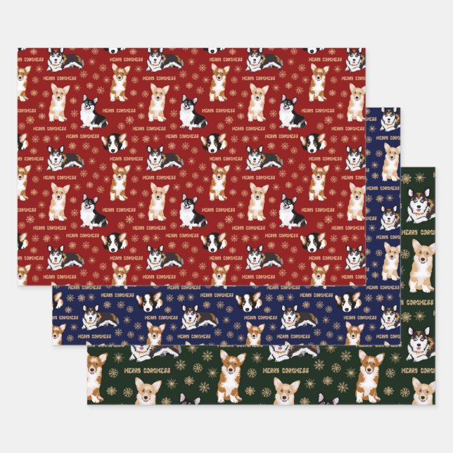 Merry Corgmess Text - Christmas Corgi patterns Wrapping Paper Sheet (Set)