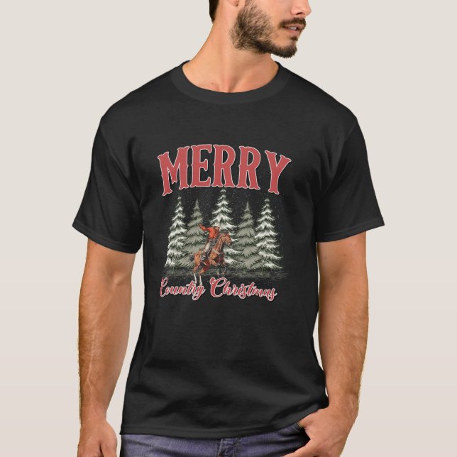 Merry Country Christmas Cowboy Ride Horse Western  T-Shirt (Front)